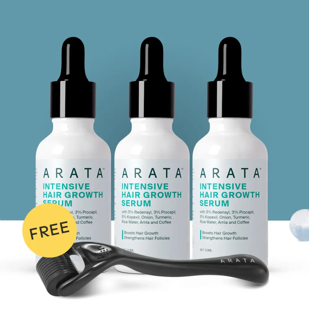 Arata 90-Day Value Pack for Fuller, Denser, Thicker Hair Regrowth | Intensive Hair Growth Serum (Pack of 3) | Free Derma Roller